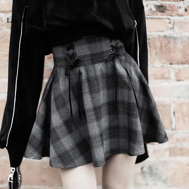 New Gothic Spring Autumn Gray Plaid Skirts Shorts Women'S Pleated Skirt Short Punk Girl'S Skirt Short  A-Line Mini Skirt