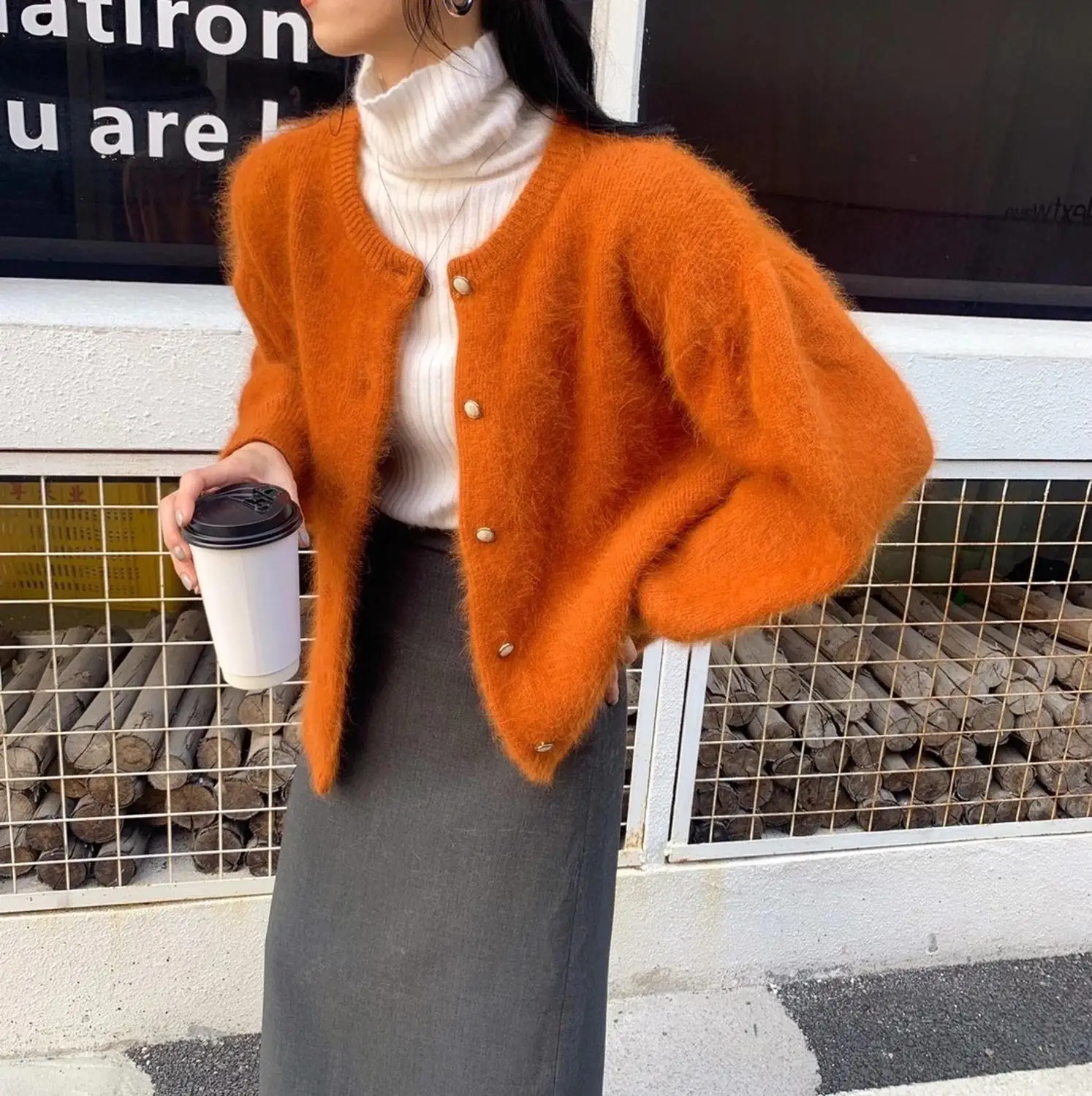 JSXDHK New High Quality Women Mink Cashmere Sweater Cardigan Elegant Autumn Winter Pink O Neck Knitted Thick Warm Cashmeres Coat