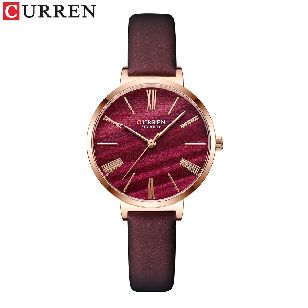 CURREN Modische Damenuhren, Lederarmband, Quarz-Armbanduhr, klassisch, schlicht, dünn 8