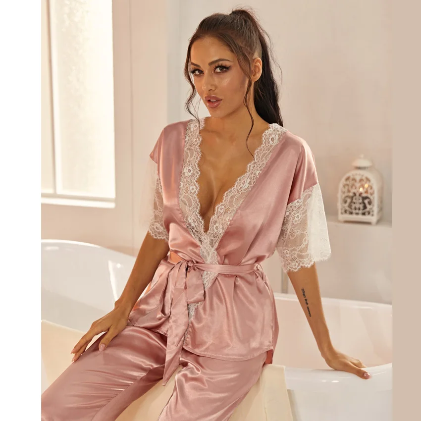 Contrast Lace Scallop Trim Belted Satin Top & Long Pants Women's Sleepwear Pajamas Set Soft Nightwear