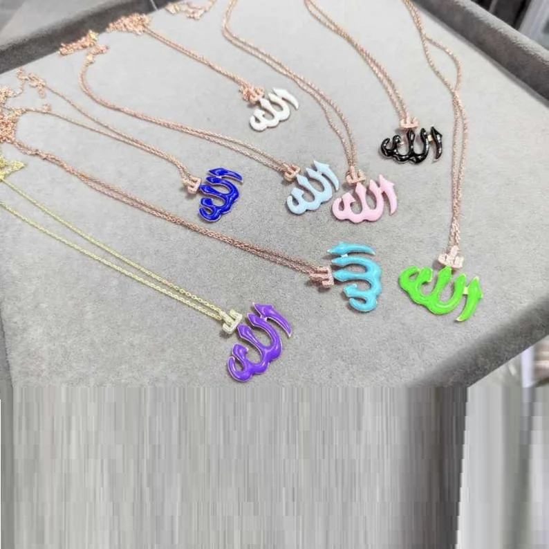 religious design jewelry gold color 6 colorful neon enamel Allah Necklace For Women