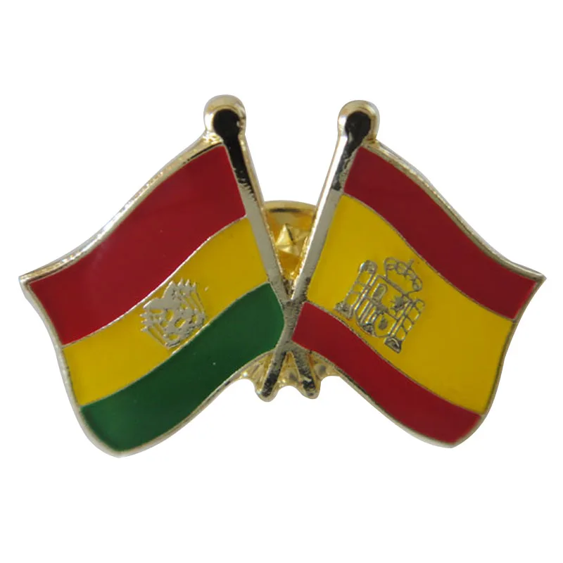 Bolivia cross Spain flag pin Custom Enamel Pins Butterfly Clutch Iron with Brass Plate and painted&epoxy MOQ100pcs fee shipping