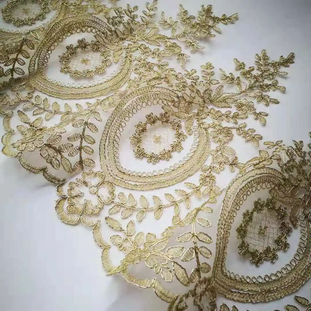 2Yards 30cm Wide Gold Silver Edge Polyester Embroidery Lace Trim for Bridal Wedding Gown Costume Design Lace Ribbon