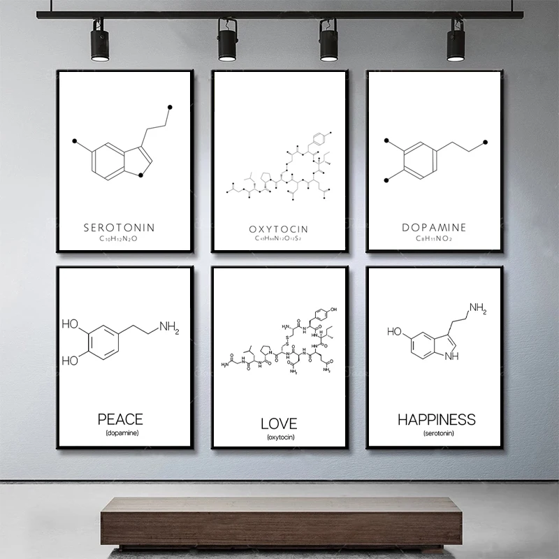 Love and Dopamine Line Drawing Molecule Serotonin Posters Prints Canvas Painting Chemistry Science Wall Art Picture Homed Decor