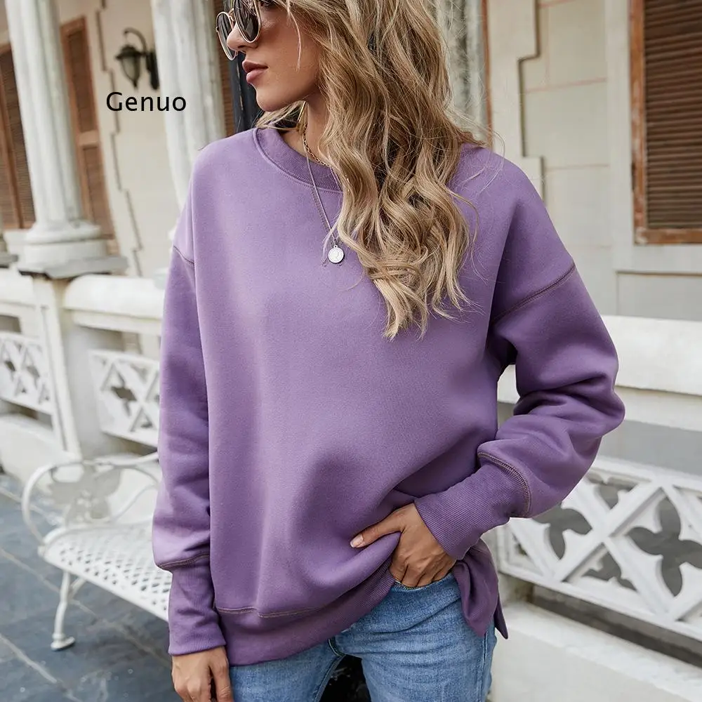 

Coat 2021 Autumn Tops European and American Women's Hem Slit Fleece O-Neck Pullover Plus Velvet Padded Sweater Female Jacket