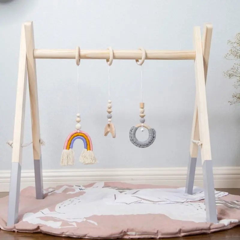 Baby Play Gym Frame Wooden Beech Activity Gym Frame Stroller Hanging Pendants Toys Teether Ring Nursing Rattle Toys Room Decor