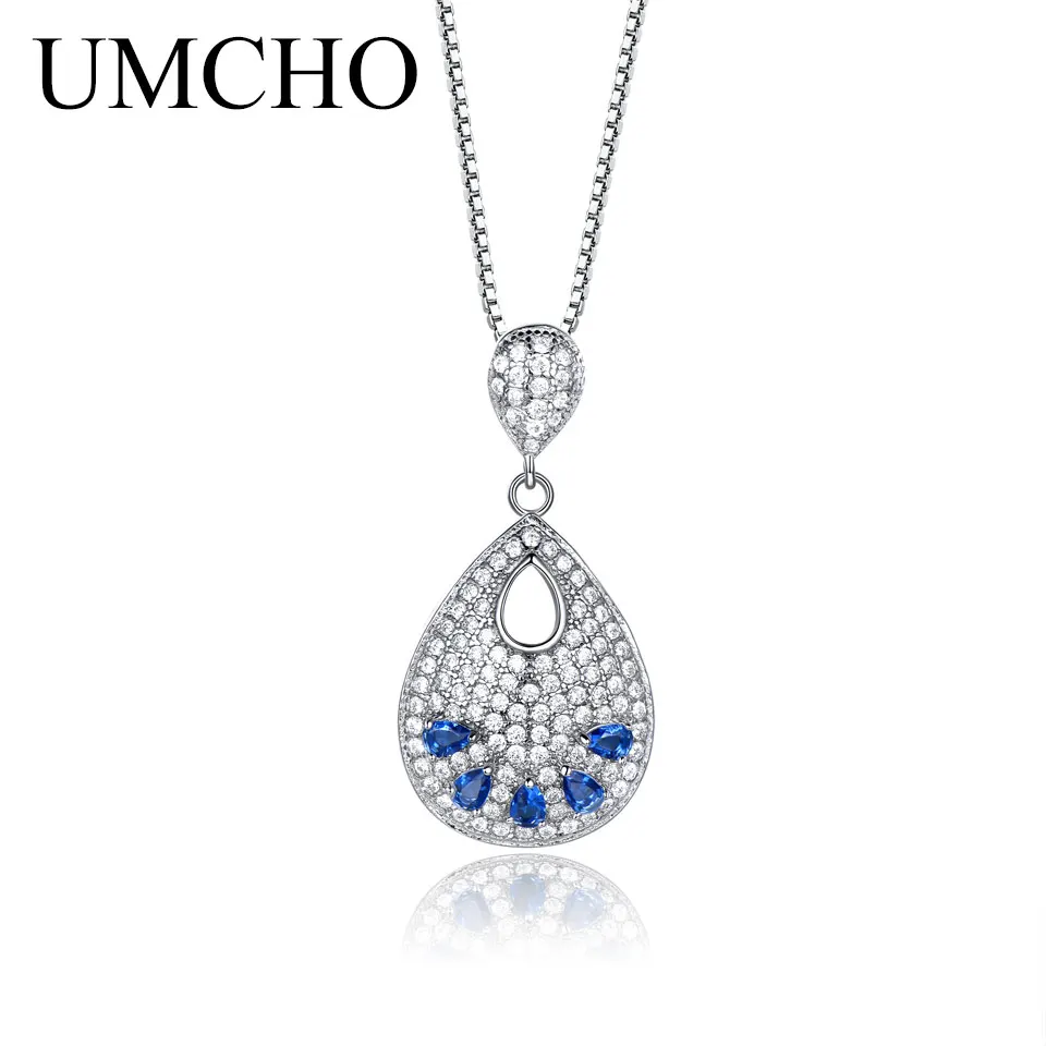 

UMCHO Blue Sky Topaz Real 925 Sterling Silver Round Zircon Gemstone Pendant Necklace For Women Party Fashion Fine Jewelry