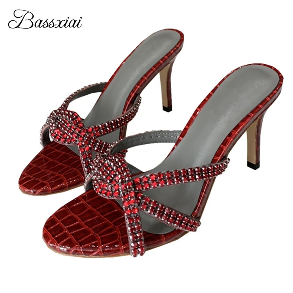 

Braided Rhinestone Narrow Band Party Shoes Woman 9cm Thin Heels Sexy Slingbacks Stone Grain Genuine Leather Sandals Women