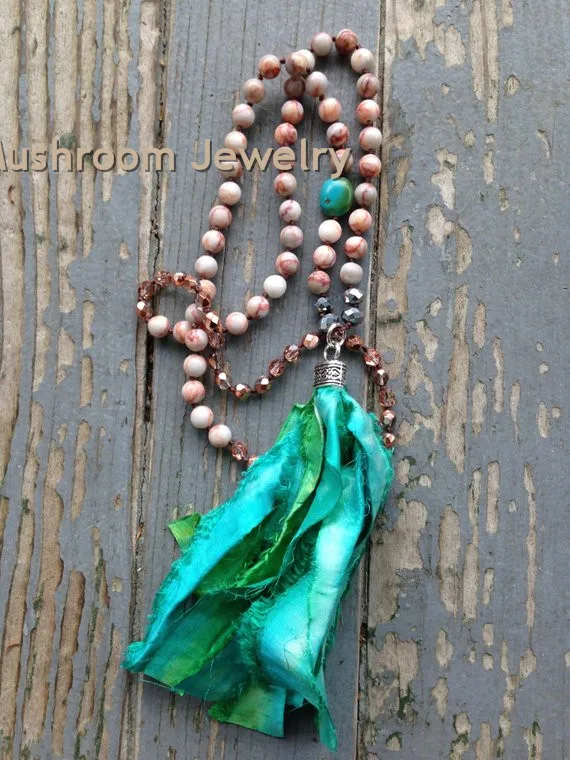 pink jasper knot crystal bead turquoiseNecklace sari silk tassel necklace