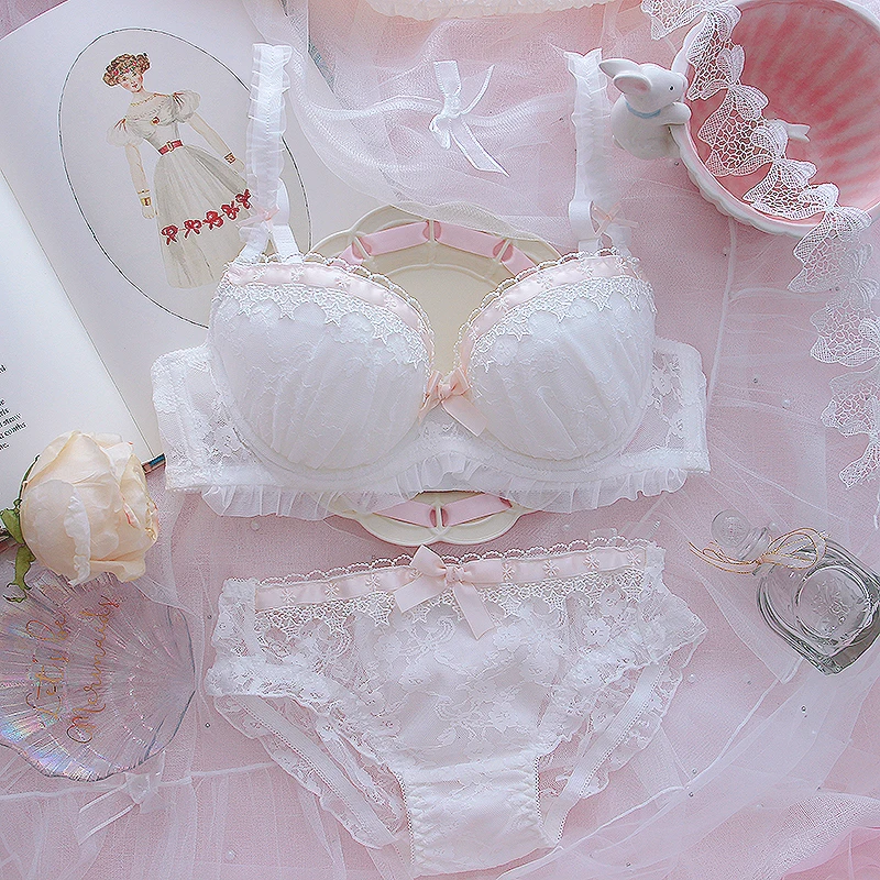 Japanese sweet lace princess girl heart cute loli small chest gathered bra sexy steel ring underwear set girly bra and underpant