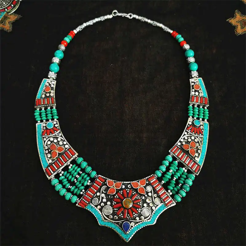 Indian BOHO Vintage Necklace Copper Inlaid Big Pendant Necklaces Tibetan jewelry TNL173