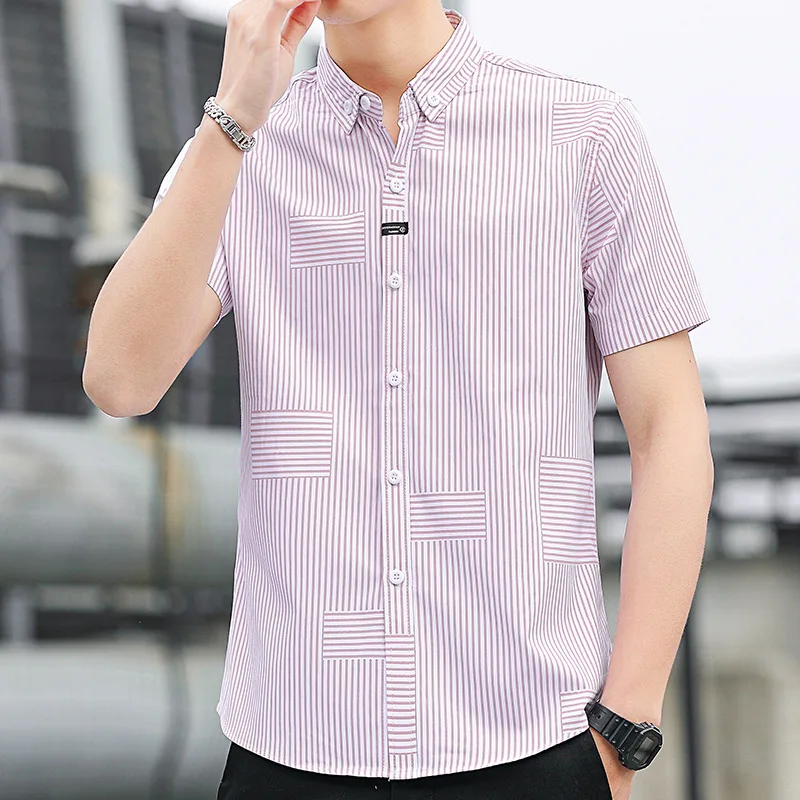 Men's Short Sleeve Simplicity Soft All-match Cardigan Original Stripe Thin Trend Fashion Harajuku Square Collar High-end Shirt