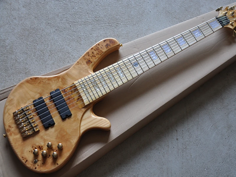 6 strings Maple Fingerboard Natural wood Electric Bass Guitar with Golden hardware,Tree pattern,Offer customized