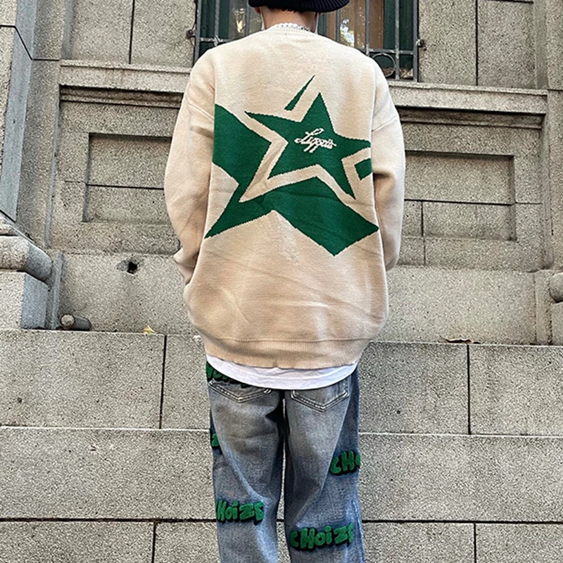 Y2k Japanese Retro Alphabet Stars Crew Neck Sweater Men and Women Pullover High Street Oversize Loose Casual Autumn Knit Sueter