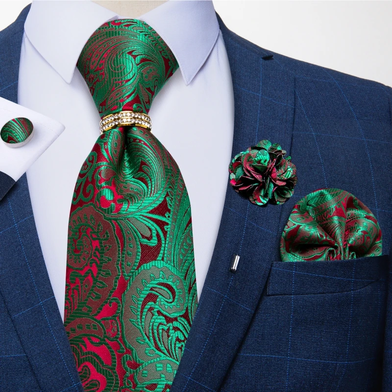 Neue Designer-Krawatten in Blau und Rot mit Paisley-Muster für Herren, Hochzeits- und Partykrawatte, luxuriöse Krawatte mit Ring und Brosche, Krawatten-Set, Geschenk für Herren, DiBanGu – Detail 22