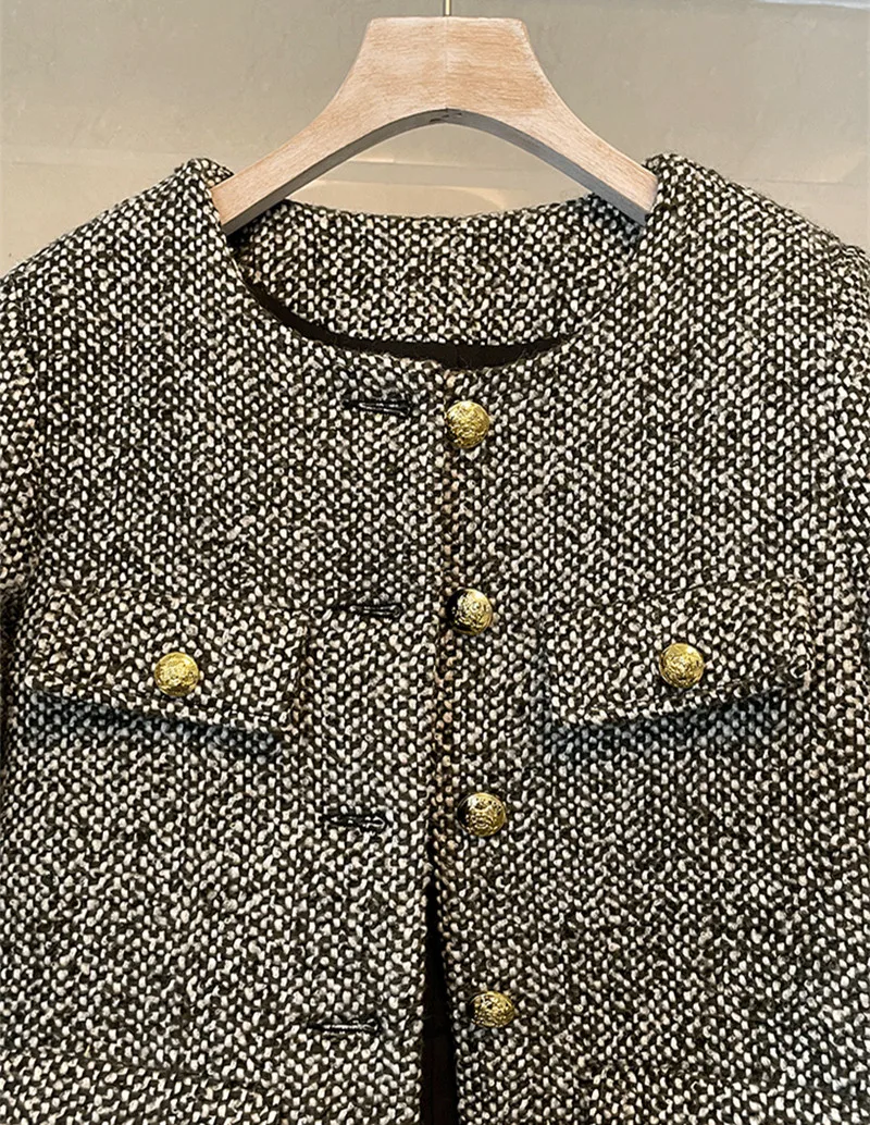 Hohe Qualität Runway Tweed Jacke 2021New Herbst Winter Frauen Elegante Vintage Goldene Tasten Büro Oberbekleidung