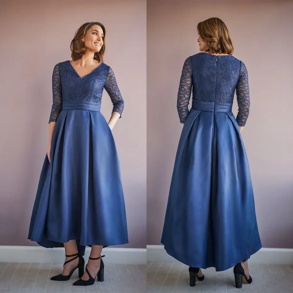 2020 Mother of the Bride Dresses V Neck Long Sleeves Lace Appliques Evening Gowns Custom Made Ankle-Length Wedding Guest Dress