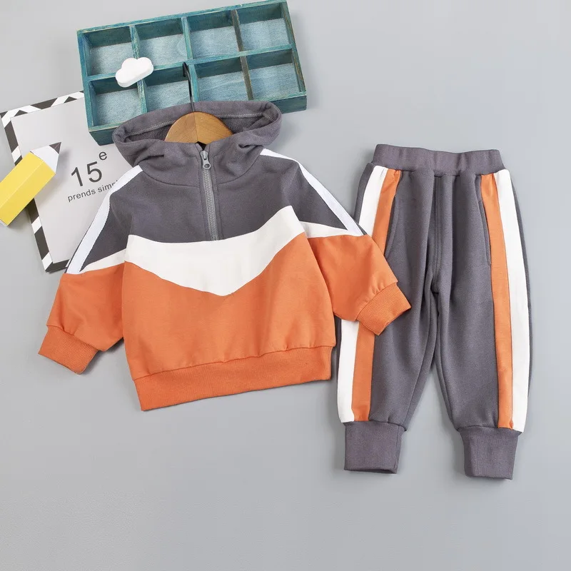 Spring Autumn Toddler Boy Costume Outfit Baby Kid Patchwork Tracksuit Infant Casual Clothing Sets Children Hooded Top Pants 2Pcs