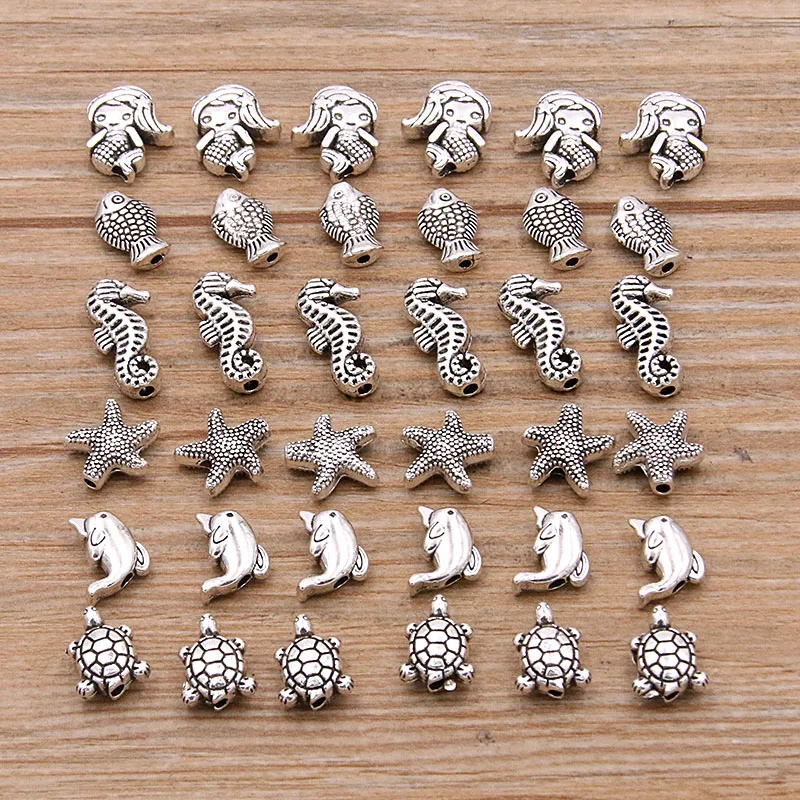 30Pcs 6Style Mermaid Turtle Dolphin Small Hole Bead Spacer Marine Life Charms For DIY Necklace Bracelets Jewelry Handmade Making