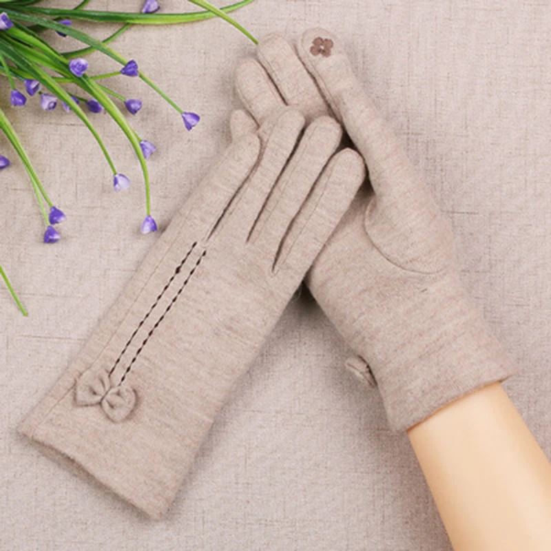 Women\'s winter touch screen gloves female Bow wool velvet thickening driving warm gloves Cashmere embroidery cycling gloves H99