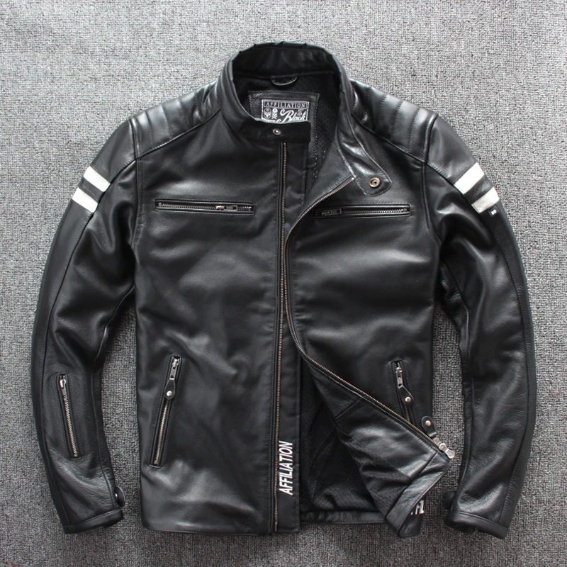 Brown Men Motorcycle Style Leather Jacket Large Size XXXL Genuine