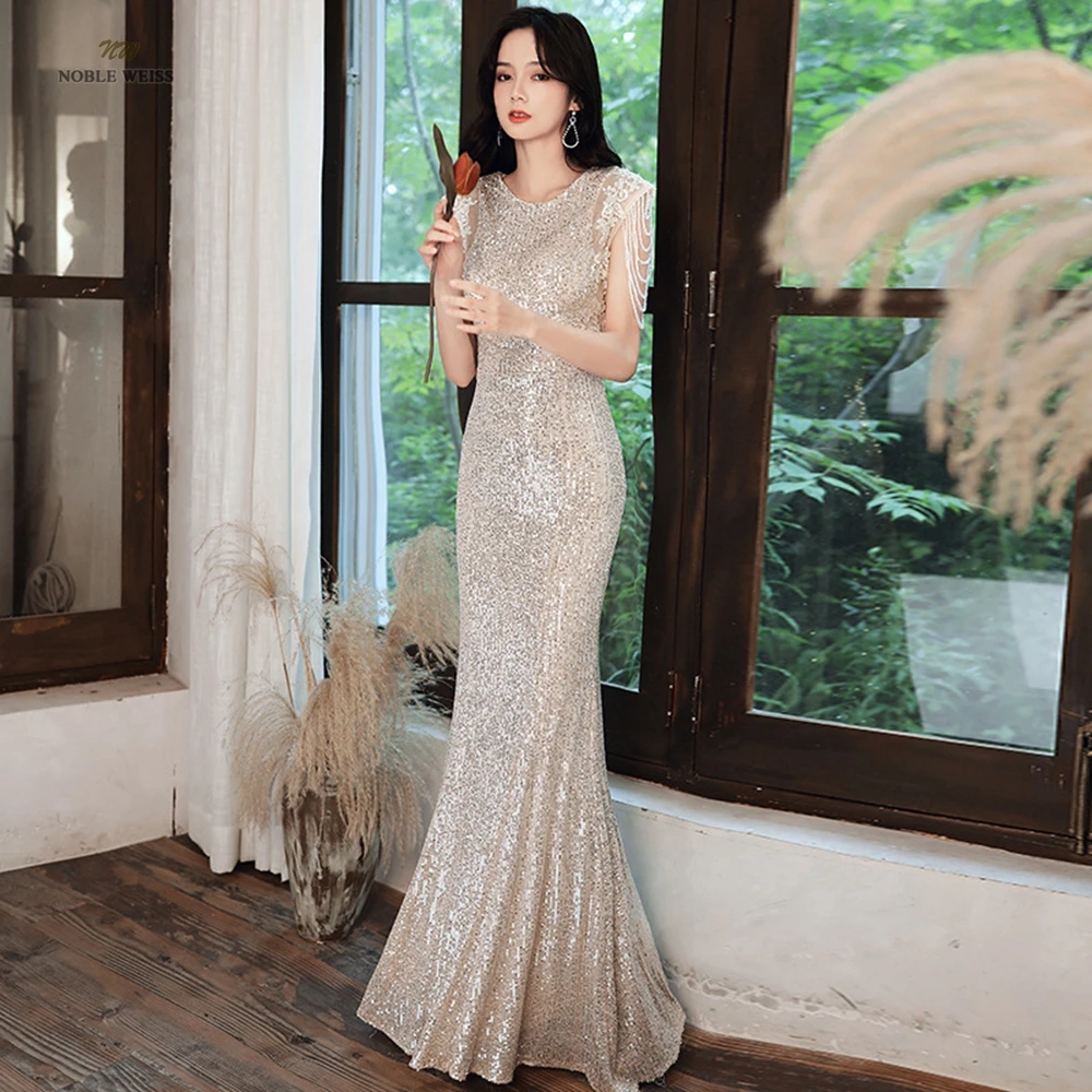 Evening Dresses O-Neck Prom Dress Appliques Beading Evening Dresses Long Sequined Evening Gown Customized