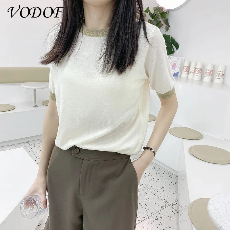 VODOF 2021 Summer T-shirt Ladies British Style Simple Solid Color O-neck Cotton Game Basic Harajuku T-shirt