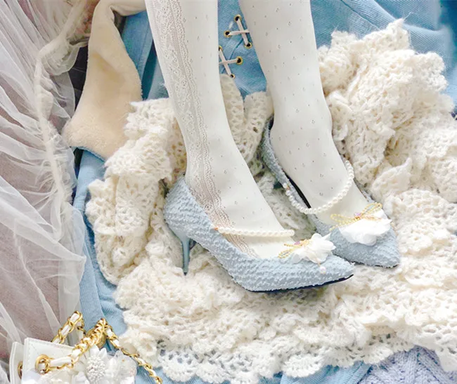 

Blue shell pearl pointed shoes high heel women's shoes French girl style shallow mouth Vintage Sweet Lolita Shoes cos loli