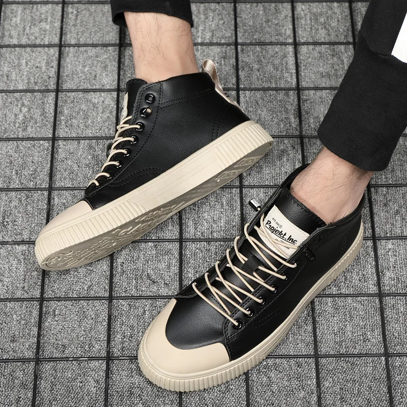 Men Causal Shoes for Spring Summer High Top Lace-up Sneakers Stylish Black White Male Footwear Soft Leather Anti-skid Design