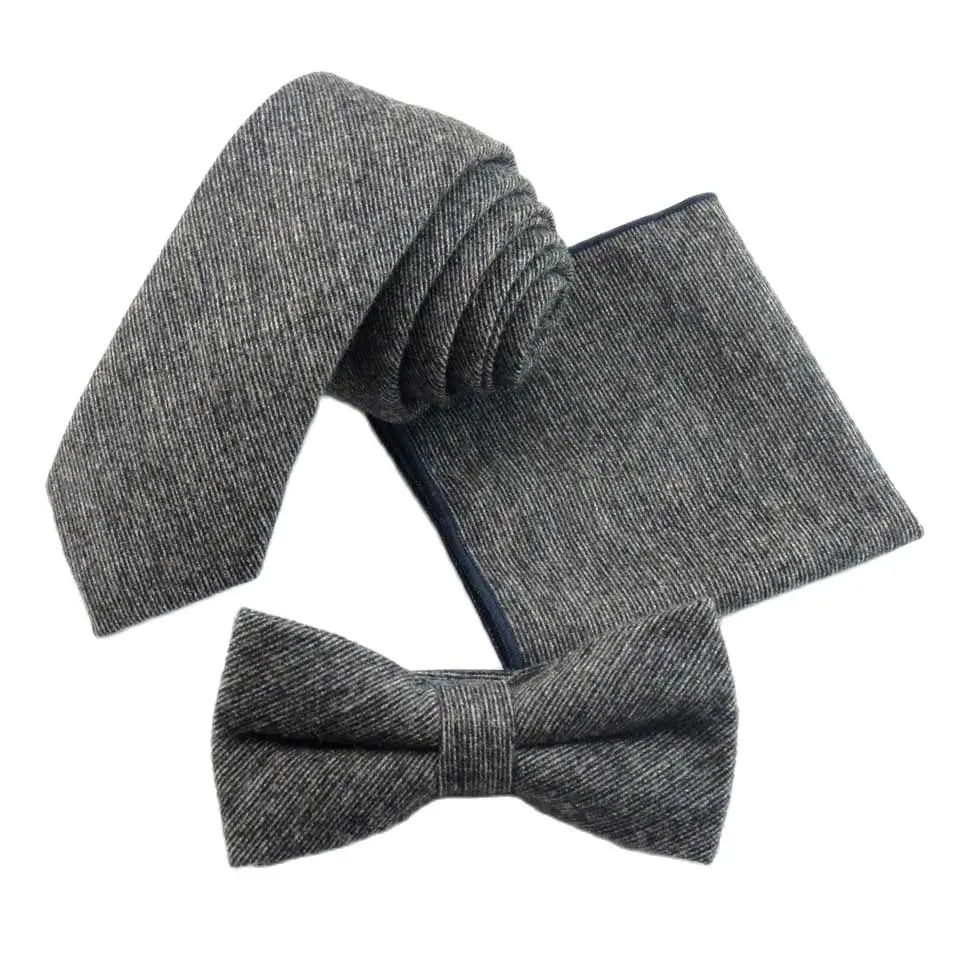 

6cm Solid Tie Set 100% Wool Mens Ties Bowtie Pocket Square Hanky Narrow Ties For Men Wedding Party Suit Shirt Dress Gravata Slim