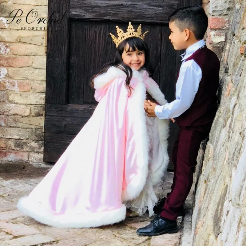 PEORCHID Công Chúa Hoa Bé Gái Trùm Đầu Mũi Hồng Ngà Satin Lông Thú Giả Ấm Junior Cô Dâu Chân WinterWedding Bọc Trẻ Em Áo Choàng