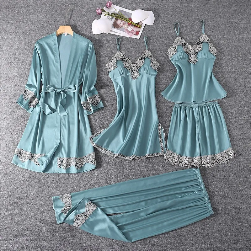 Ladies Casual Satin Pajamas Suit  Sexy 5PCS Lace Sleepwear Women New Sleep Set Lounge Female Kimono Bath Gown Home Clothing