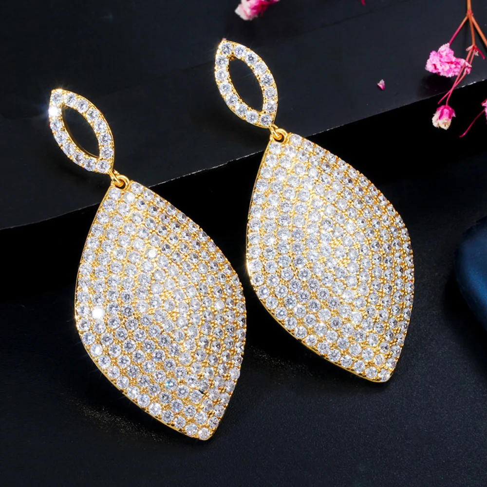 

ThreeGraces Shiny Micro Pave Cubic Zirconia Gold Color Long Big Drop Dangle Earrings for Women Luxurious Party Jewelry E0369