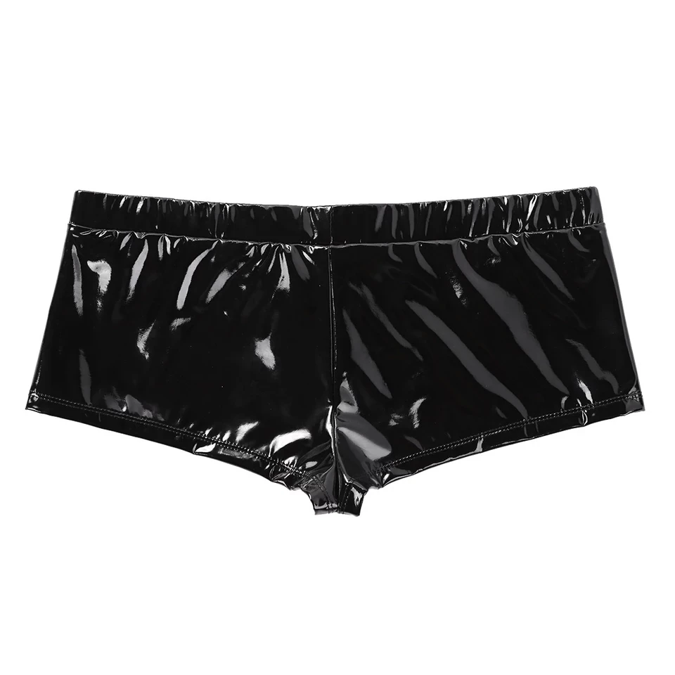 Mens Sexy Open Crotch Glossy Leather Boxer For Sex Shaping Latex Shorts Crotchless Male Shiny PVC Leather Short Pants Sexi