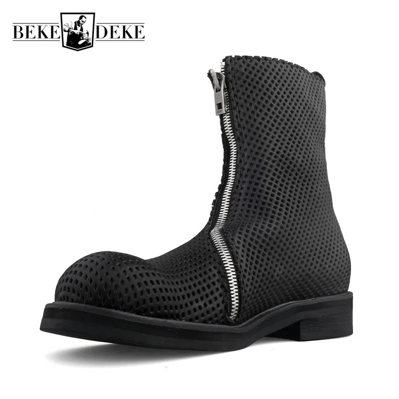 

Harajuku New Hollow Out Breathable Mens Mid Calf Boots Vintage High Quality Genuine Leather Round Toe Zip Male High Top Boots