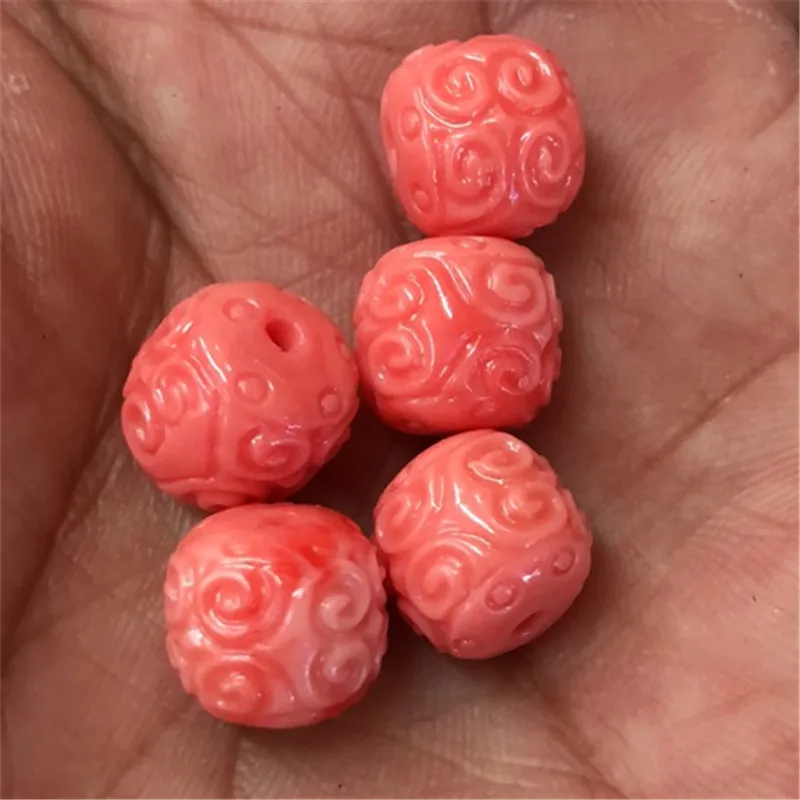 New six angle pink artificial coral 11x11mm flower drum carving accessories loose beads fashion diy jewelry 5pcs B938