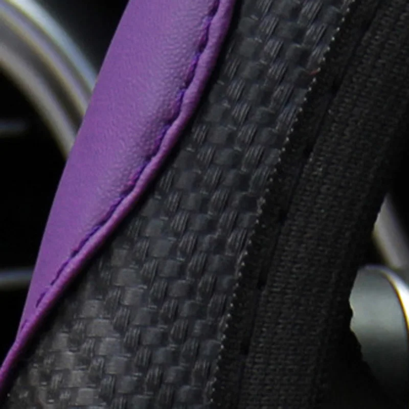 1pc Car Steering Wheel Cover Interior Black Purple Carbon Fiber Leather Protection For 37-38CM Diameter Easy Installation