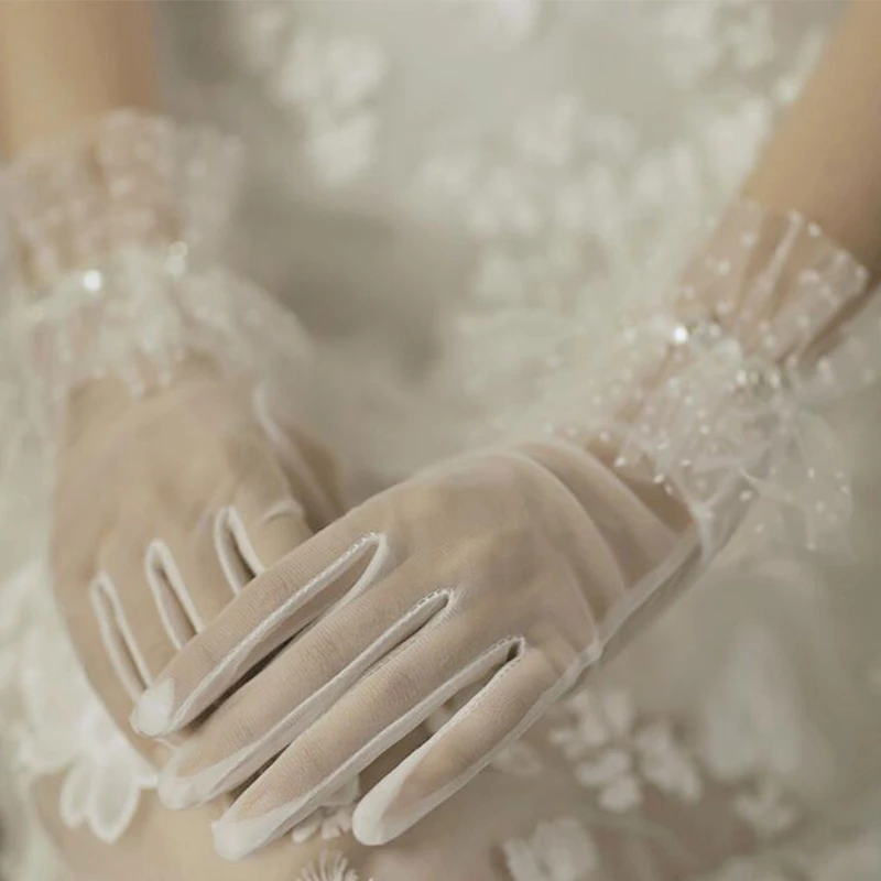 

1 Pair Princess Girls Elegant Short Gauze Artificial Pearl Mesh Gloves Bride Wedding Dress Accessories Photo Props