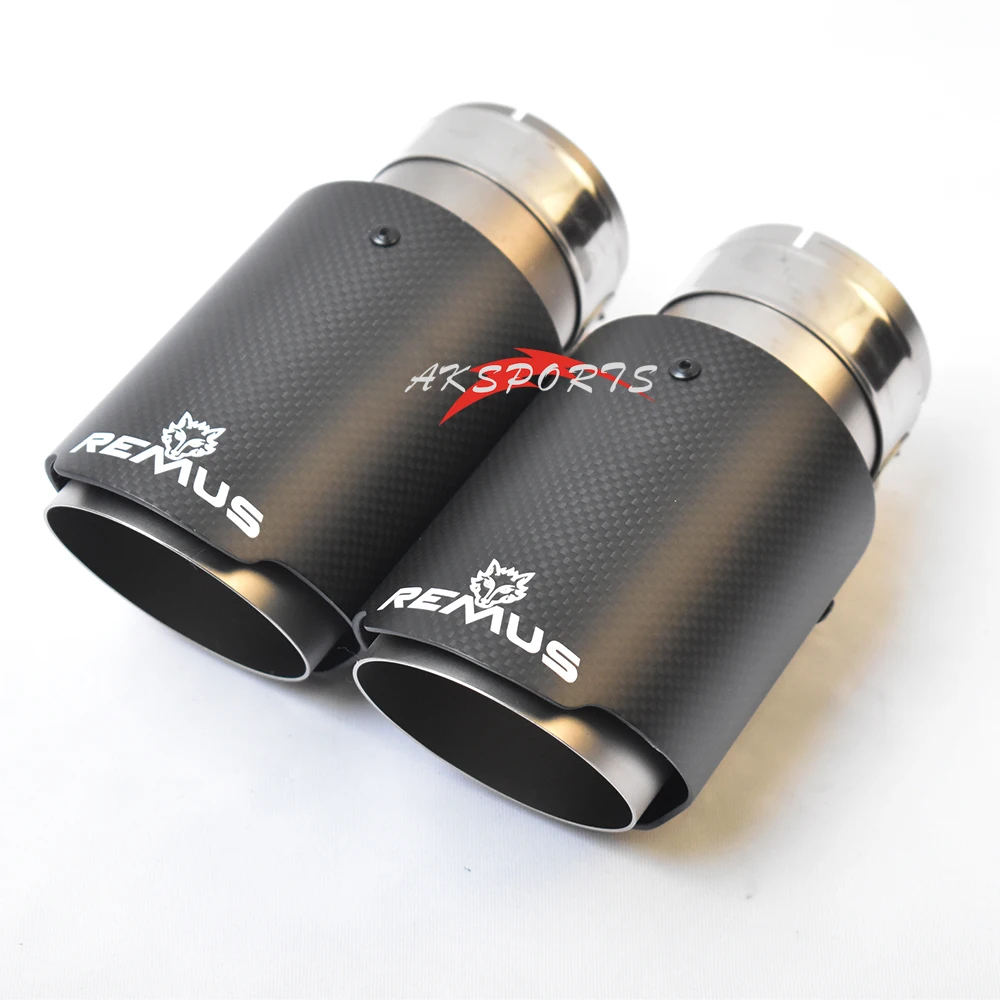 1PC Car  Straight Flange Matt Carbon Sandblasting Exhaust Pipe Stainless Steel Muffler Tip With Remus Logo