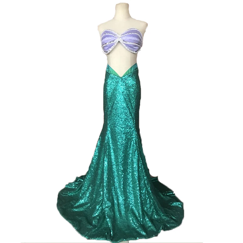 

New Arrival Ariel Costume Fancy Halloween Green Dress Sexy Purple Princess Bra Top Performance Party