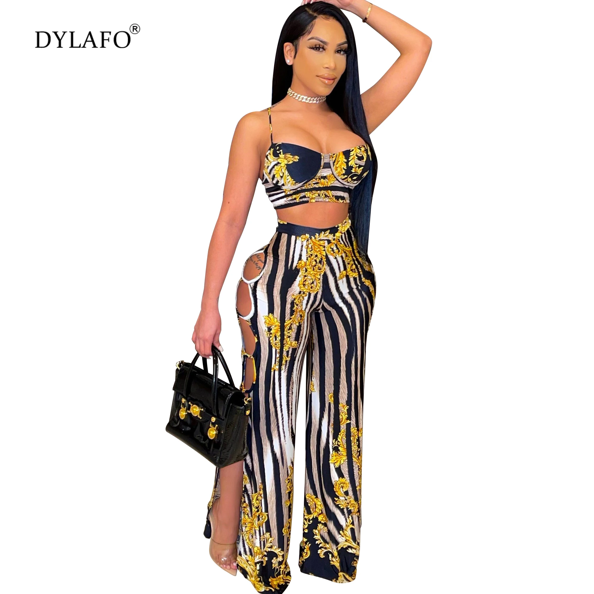 2021 Summer Slim Print Women Two Piece Set Sexy Straps Crop Top And Wide Leg Pants Suit Casual Matching Sets Outfits For Women