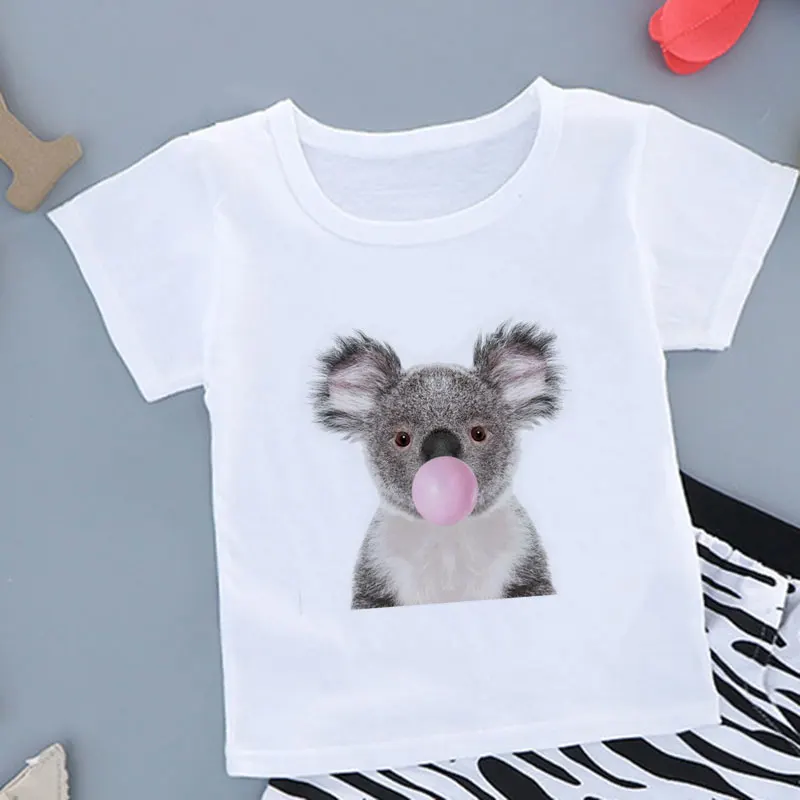 Camiseta divertida con estampado de koala y panda para niños, tops kawaii, camiseta informal para niñas, ropa blanca, rosa y amarilla de dibujos animados