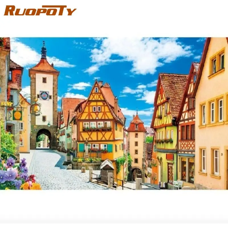 RUOPOTY Oil Painting By Numbers Small Town Scenery HandPainted Kits Drawing Canvas DIY Pictures Landscape Home Decor Art