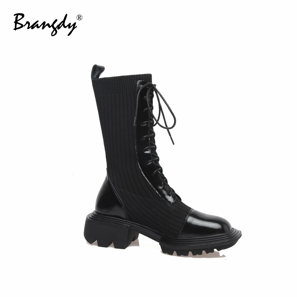 Brangdy Fashion Women Mid Calf Sock Boots Genuine Leather Woolen Women Shoes Square Toe Splicing Women Winter Ankle Boots Lace