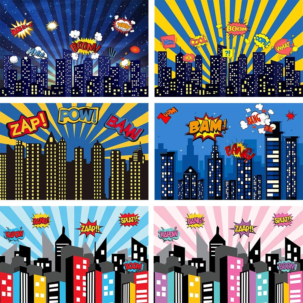 Mehofond Super Hero Birthday Photography Backdrop City Building Newborn Baby Shower Superhero Background Photo Studio Photozone