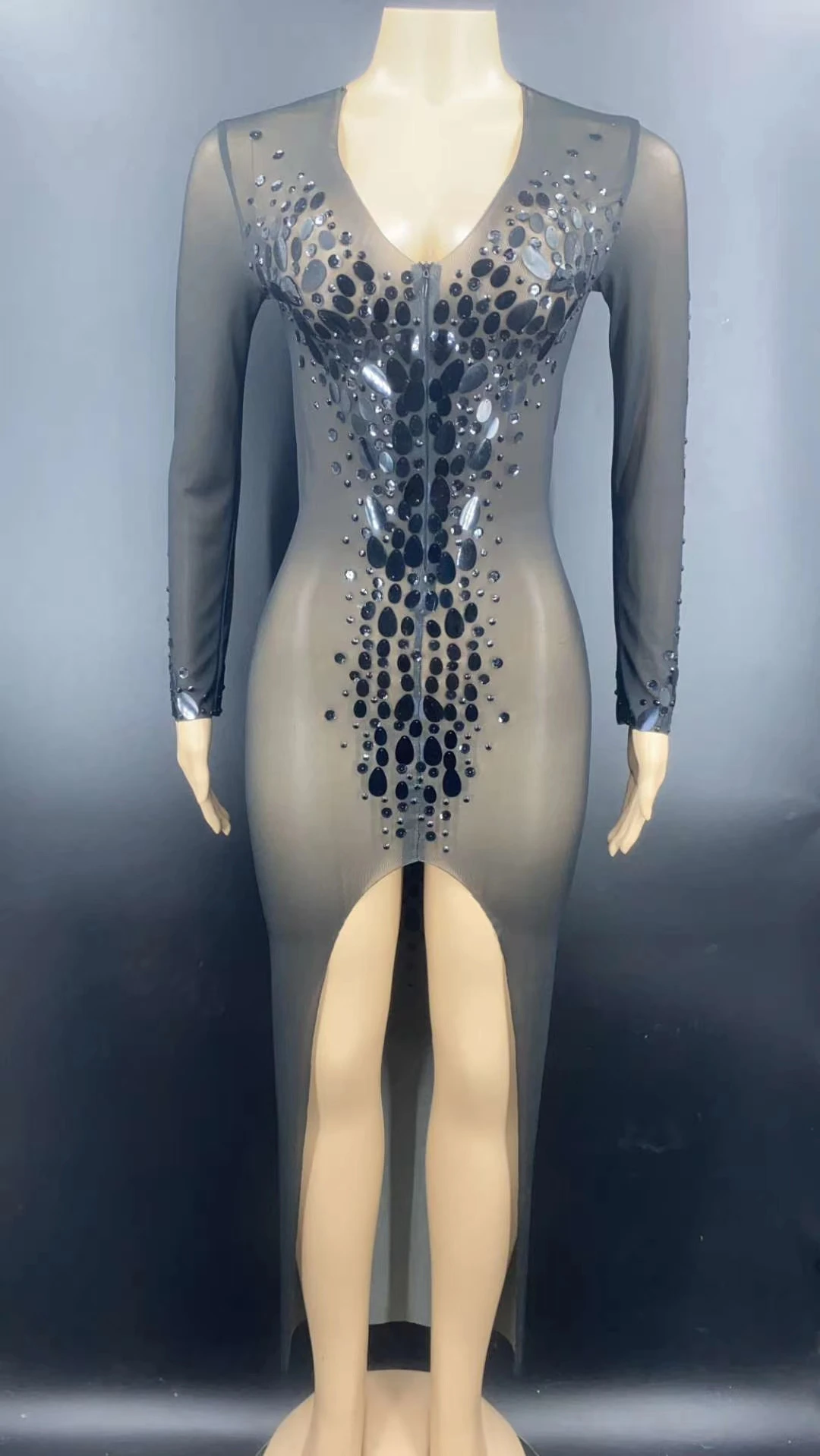 

Sexy Black See Through Sequins Mesh Dresses Women Birthday Celebrate Perspective Stretch Dress Stage Costume Dance Outfit