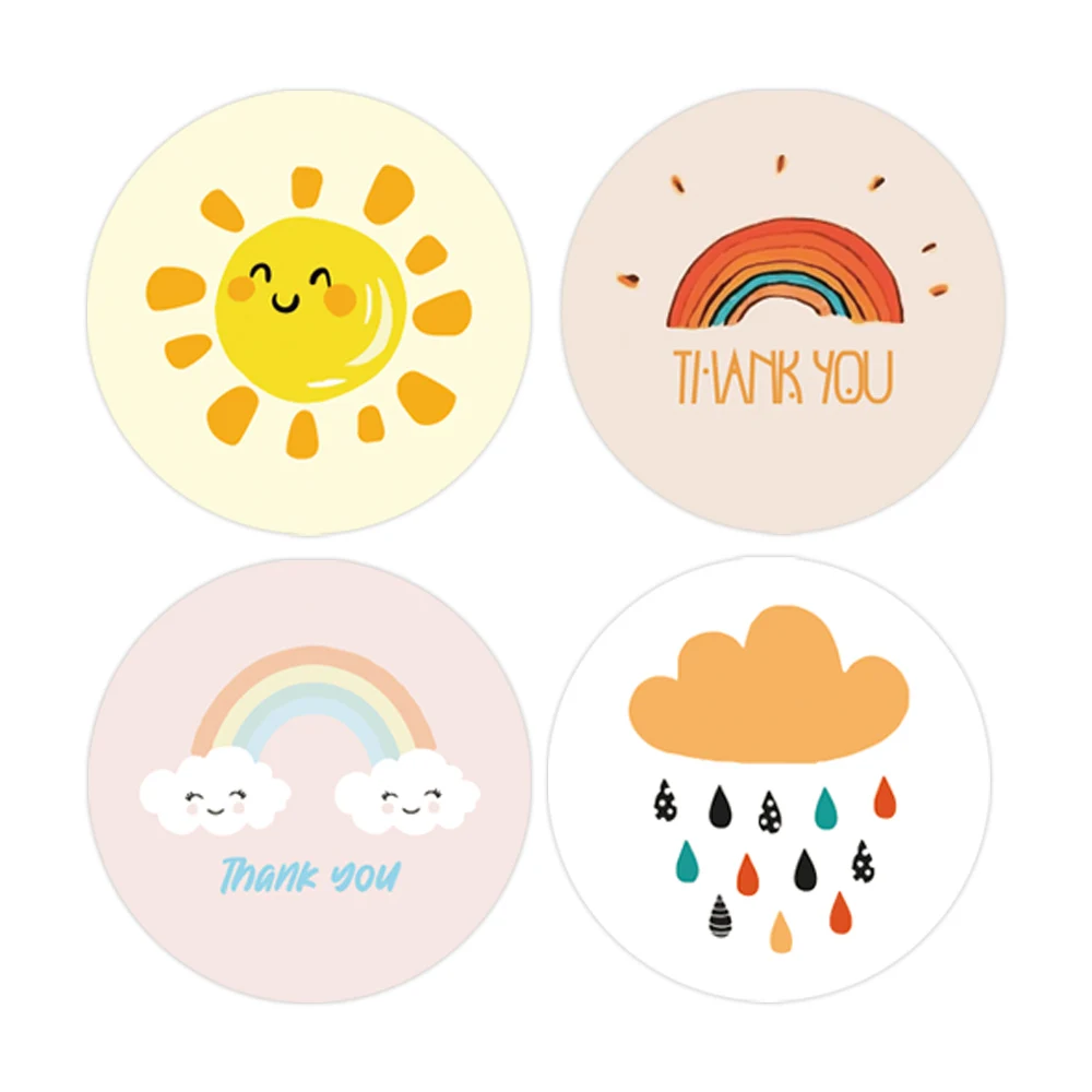 100-500 Pcs Round  Thank You Stickers Cute Cartoon Sun Rainbow Clouds Sticker For Handmade Gift Decor Labels Kids Reward Sticker