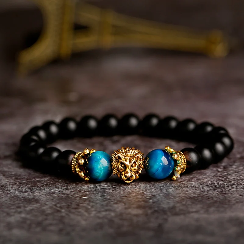 Classic Crown Lion Bracelet Men Fashion Tiger Eye Onyx Stone Handmade Beaded Charm Bracelet For Women Jewelry Pulsera Hombre