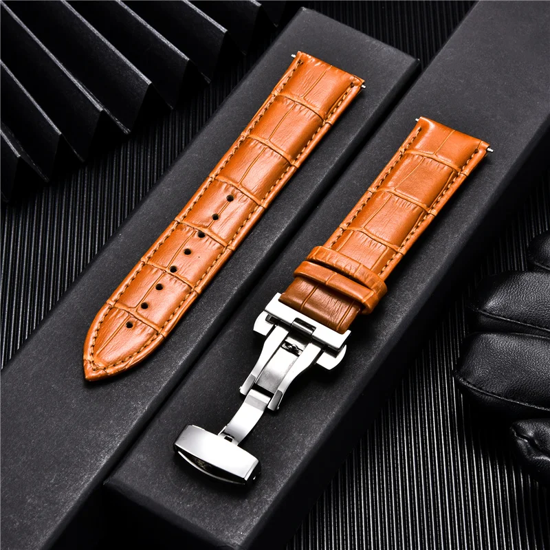 Business Genuine Leather Watchband with Butterfly Buckle Bracelet for Men\'s Watches 18mm 20mm 22mm 24mm Watch Straps