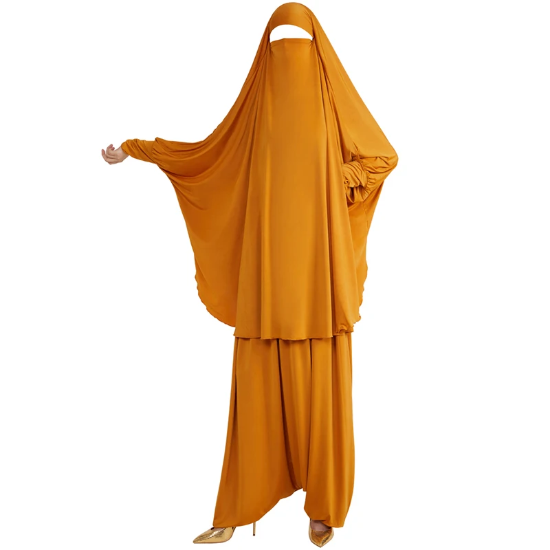 Muslim Women 2 Pieces Prayer Set Long Khimar with Built-in Niqab + Harem Pants Saudi Turk Islamic Umrah Overhead Prayer Outfit